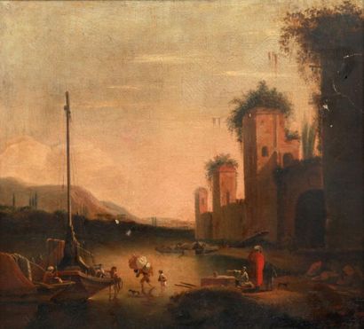 Ecole Hollandaise du XVIIIème siècle Embarquement, Port italien Huile sur toile,...