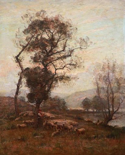 Antoine Louis JAPY (1840-1916) Gardienne et son troupeau de moutons Huile sur toile,...