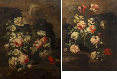 ECOLE DU NORD Bouquets de fleurs, Deux huiles sur toile, XIXème s. 63 x 48 cm