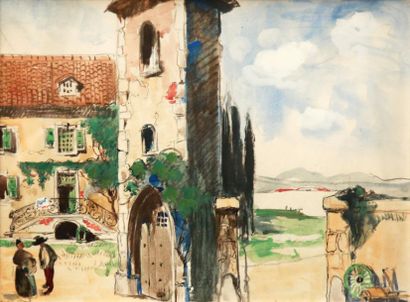 André ROZ (1897-1946) La Porte du village, Vue du Valais suisse, aquarelle signée...