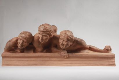Gaston HAUCHECORNE (1880-1945) Sculpture en terre cuite représentant 3 personnages...