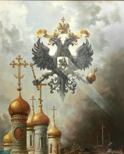 H. MOGNONOROZ Armoiries russes sur le Kremlin Huile sur toile, signée et datée 1990...