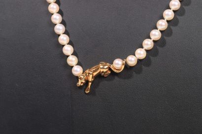  Cartier 
Necklace of cultured pearls centered by a panther -the emblem of the 
of...