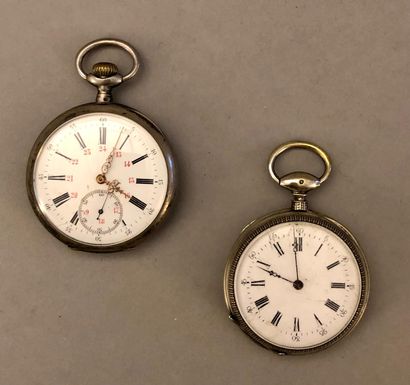 Two silver watches, one with 24-hour dial...