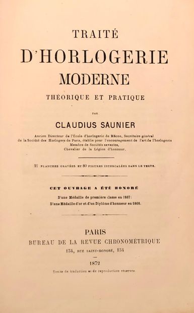 null SAUNIER, Claudius. Traité d'horlogerie moderne théorique et pratique, 2nd edition,...