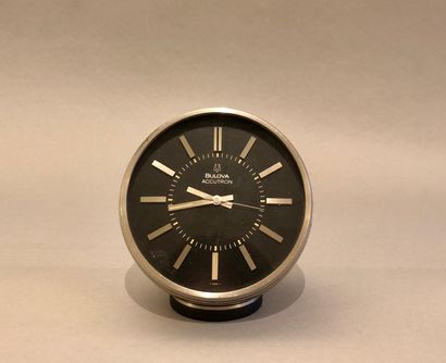 null Brushed steel hemispherical desk clock with black dial signed 'Bulova Accutron',...