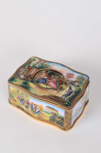 null Gilt brass and polychrome enamel singing bird box with pastoral and rustic scenes....