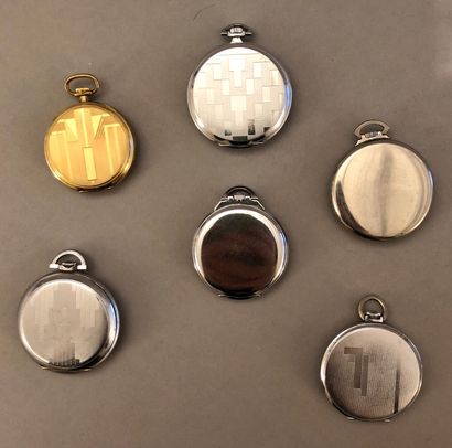 null Six pocket watches in steel, chrome or gold metal, including one from Omega...