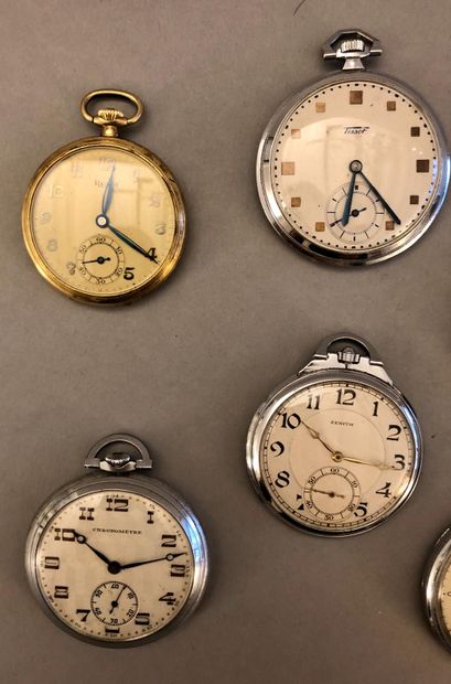 null Six pocket watches in steel, chrome or gold metal, including one from Omega...