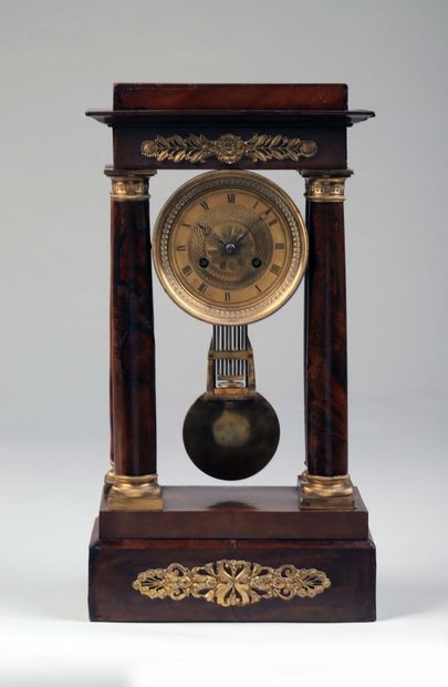 Mahogany veneered portico clock with guilloche...