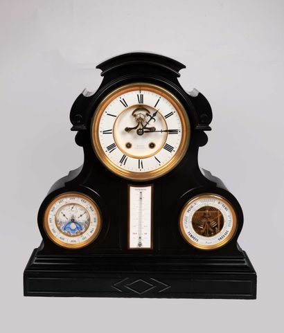 null Black marble 'compendium' mantel clock signed (dial and movement) 'Lepine 2,...