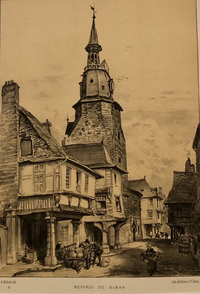 null LITHOGRAPHY IN BLACK BY ROBIDA, "The belfry of Dinan".