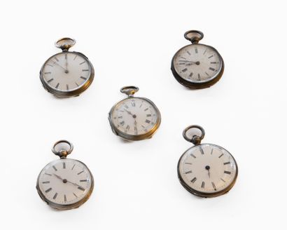 null Five medium sized silver collar watches with guilloche and engraved back