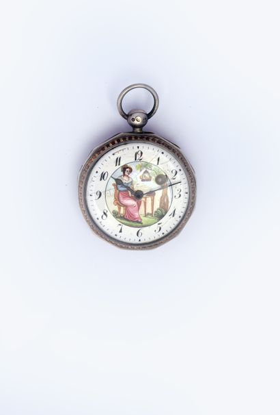 null Silver verge watch with dial decorated in polychrome enamel with a young lady...