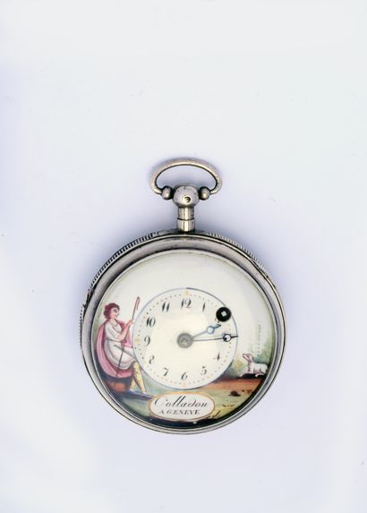 Silver verge watch with decorated dial signed...