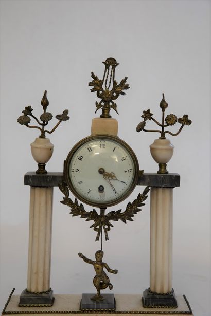  Portico clock in white and grey veined marble, two fluted columns and decoration...