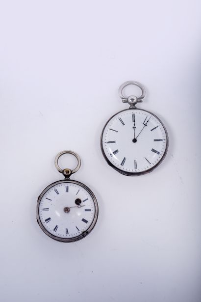 null Two 18th century silver verge watches and one cylinder watch, 19th century.