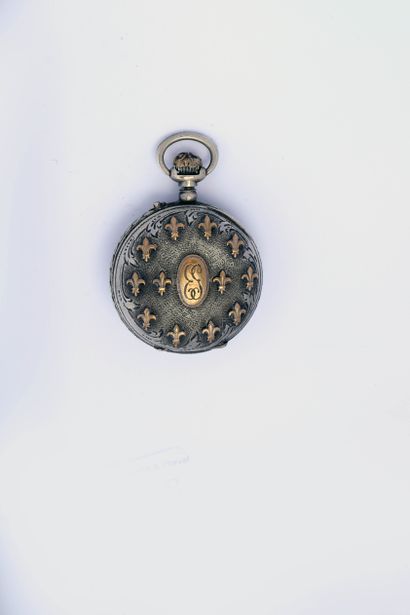 null Cylinder neck watch, the silver case inlaid with fleur-de-lis, the back with...