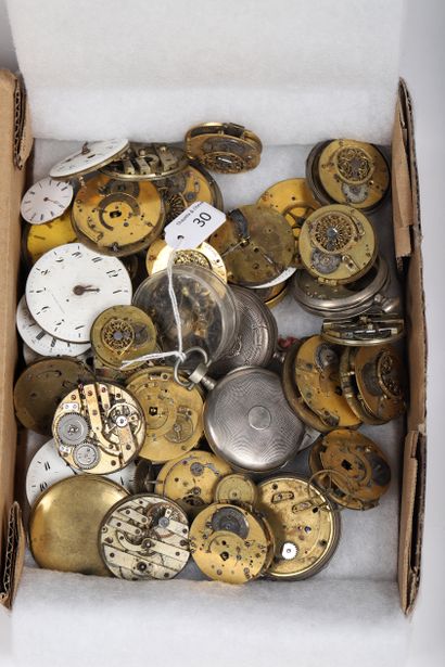 null Lot of about 30 pocket watch movements, mostly from the 19th century.