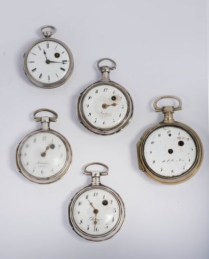 null Five silver watches of various sizes including one by Lelbois in Bayeux, one...