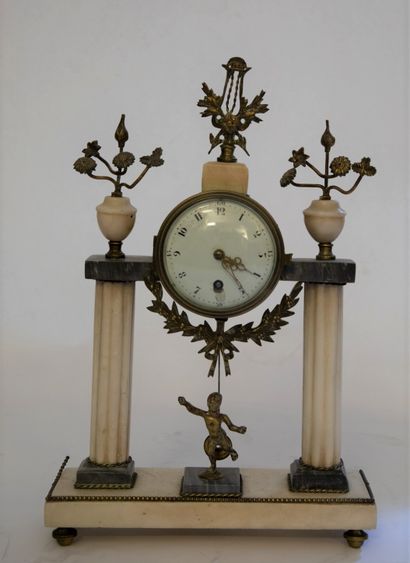 null Portico clock in white and grey veined marble, two fluted columns and decoration...