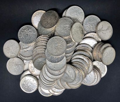 Lot de 100 pièces 5 Francs Semeuse Argent, environ 1200 g