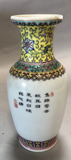 null Paire de vases balustres en porcelaine de Chine polychrome à décor émaillé de...