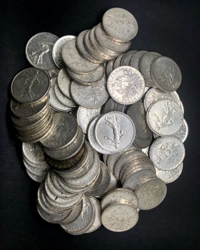 null Lot de 100 pièces 5 Francs Semeuse Argent, environ 1200 g