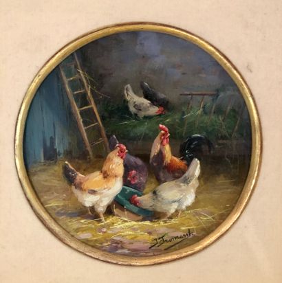 null Jeanne FROMENT

Au poulailler et Poules sur des marches

Deux huiles sur carton...