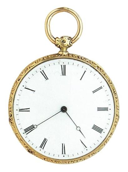 null Montre à cylindre en or à huit jours de marche, vers 1850. Cadran en émail blanc,...