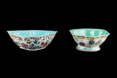 null Two porcelain and enamels of the pink family, decorated with flowers, including...