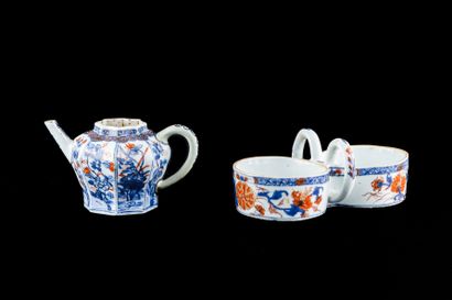 null Lot including a double ravier and a teapot with lobed wall, in porcelain known...