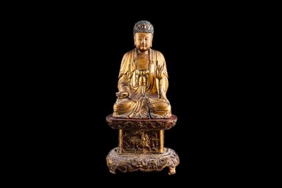 Statuette de bouddha en bois laqué, assis,...