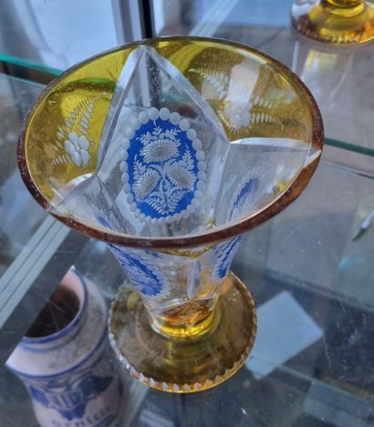 null VERRERIE 

Vase tronconique en verre de Bohême jaune et bleu à motifs de fleurs...