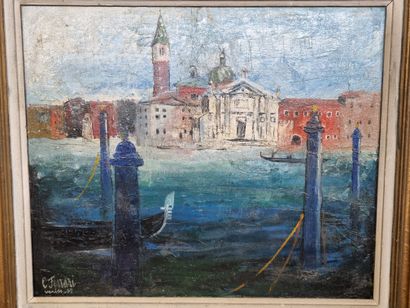  C. FERRARI 
Venise, la lagune 
Toile, Signée en bas à gauche , située et datée (19)59...