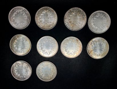 null FRANCE 

Lot de 10 pièces de 10 Francs Hercule, Argent 

6 de 1965, 1 de 1966,...