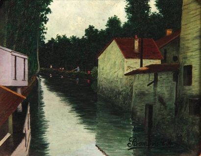 Camille BOMBOIS (1883-1970) Petit paysage de l'Yerres Huile sur panneau, signée en...
