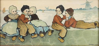 null Ethel PARKINSON (1868-1957) 
Enfant jouant au bord de l’eau en Hollande
Lithographie...