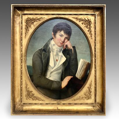 null Ecole française du XIXème siècle, 
Portrait de jeune homme au livre 
Huile sur...