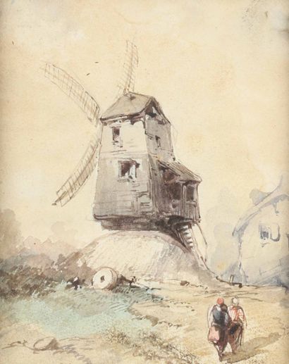 null Attribué à Hervier (1818-1879)
Personnages devant un moulin
Aquarelle sur papier.
Non...