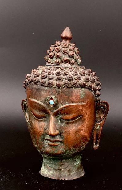 Tête de Bouddha en bronze.
Style Tibéto-Népalais,...