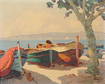 null Louis-André MOURGUES (1886-1962)
Barques sur le sable
Huile sur panneau signée...