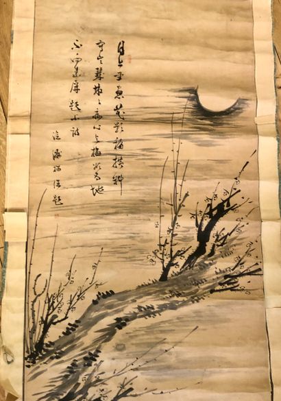 null Kakemono with ink on paper, decorated with branches of prunus in bloom under...