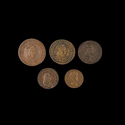 null –IDEM-. Lot de cinq divisionnaires de cuivre : denier tournois (1648 Paris),...