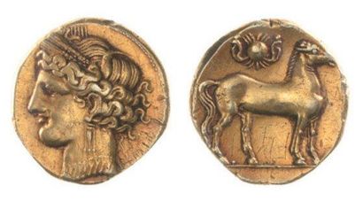 GRÈCE Carthage (264-241). Trihémistatère d'electrum (10,54 g) à la tête de Perséphone...