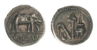 ROME César (100-44). Denier à l'éléphant et aux instruments du culte. Seaby 49. ...