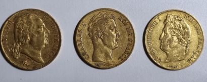 null FRANCE
Lot de 3 pièces de 20F or:
Louis XVIII Roi de France, Buste nu,1824 A
Charles...