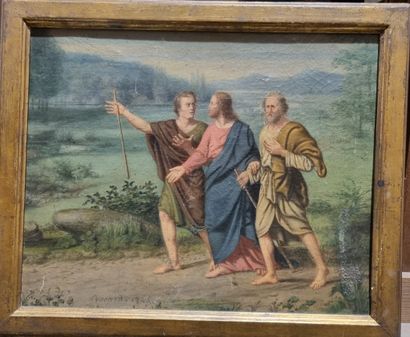 null Ecole du XIXème siècle 
Le Christ et deux pélerins 
Huile sur toile marouflée...