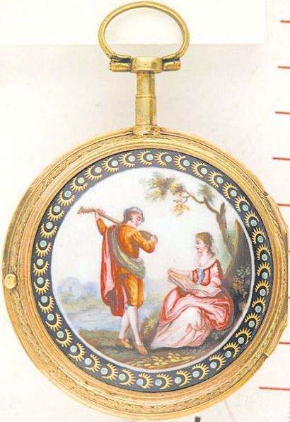 null MONTRE À VERGE en laiton doré émaillé, vers 1825. Cadran en émail blanc (accident),...