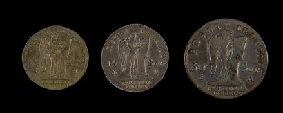 null LOUIS XVI (1774-1793).
Lot de trois pièces constitutionnelles : 30 sols,
1792...